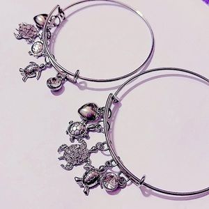 Silver, Carved & Encrusted in Gems Sea Turtle Charm Bracelet Bangle